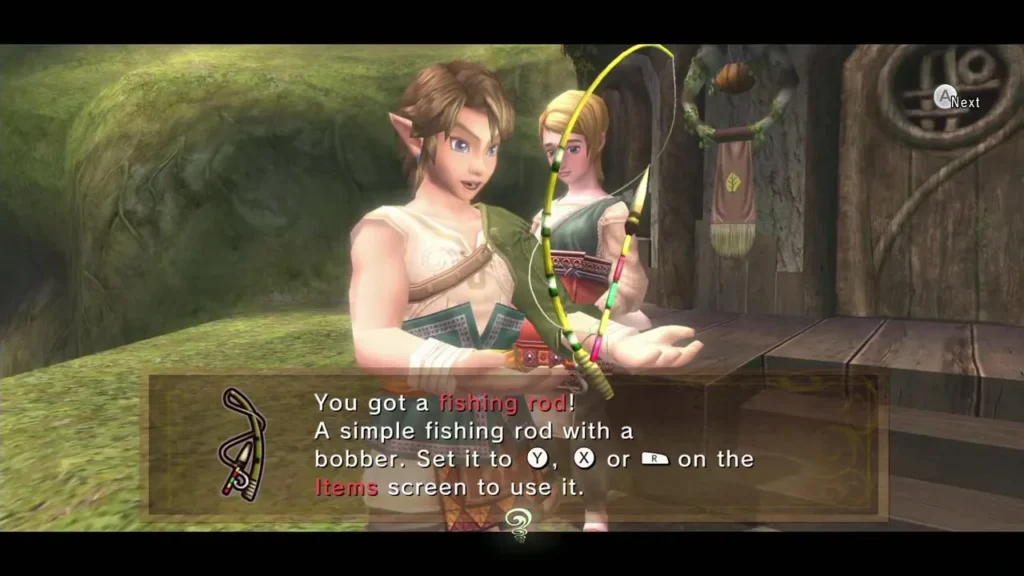Link holding up the fishing rod with its item message shown Link holding up the fishing rod with its item message shown