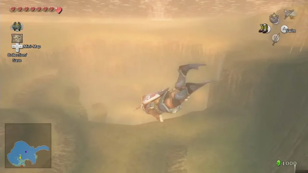 Link soaring in the air over the Lake Hylia cliffs during the Flight-by-Fowl ride Link soaring in the air over the Lake Hylia cliffs during the Flight-by-Fowl ride