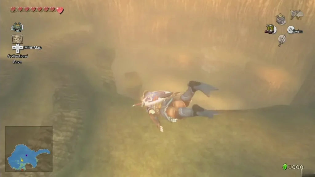Link gliding through the air above the cliffs of Lake Hylia Link gliding through the air above the cliffs of Lake Hylia