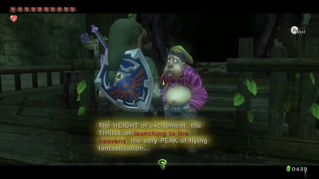 Fyer the cannon man in a pink jacket on the Lake Hylia bridge describing the thrill of flight Fyer the cannon man in a pink jacket on the Lake Hylia bridge describing the thrill of flight