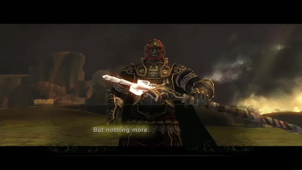 Ganondorf in dark armor holding up a glowing sword in the field Ganondorf in dark armor holding up a glowing sword in the field