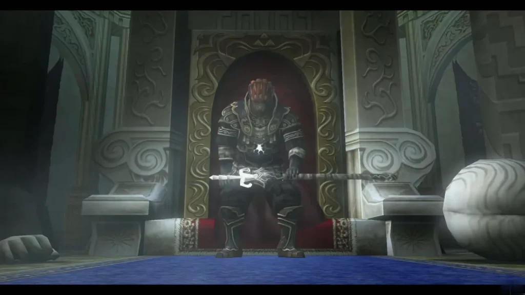 Ganondorf seated on his throne at the end of the blue carpet Ganondorf seated on his throne at the end of the blue carpet