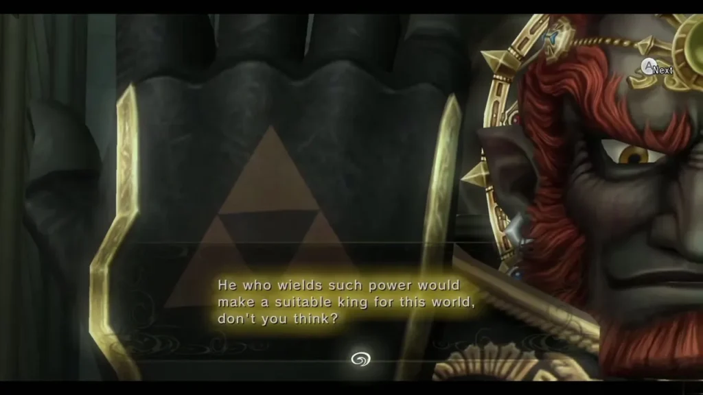 Ganondorf in front of a Triforce banner speaking to Link and Midna Ganondorf in front of a Triforce banner speaking to Link and Midna