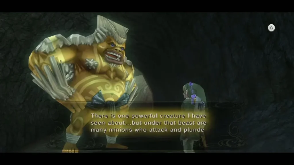 A large golden Goron-like figure warns Link of the minions that plunder the land A large golden Goron-like figure warns Link of the minions that plunder the land