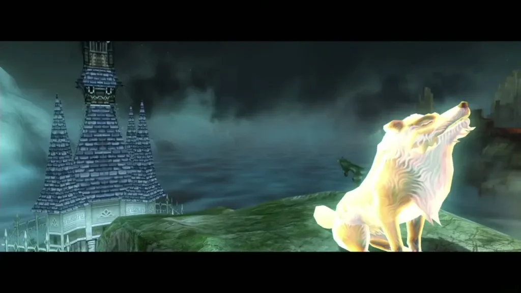 Glowing golden spirit wolf howling on a cliff beside a stone tower Glowing golden spirit wolf howling on a cliff beside a stone tower