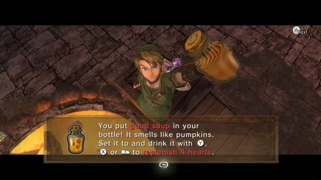 Link filling a bottle with Good Soup from Yeto pot, with the item message Link filling a bottle with Good Soup from Yeto pot, with the item message