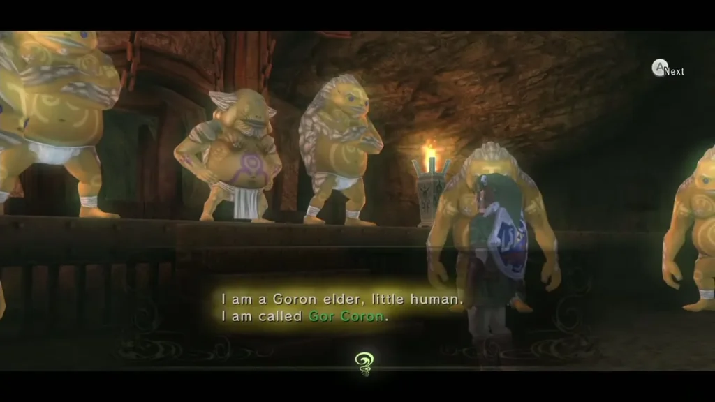 Gor Coron, the Goron elder, introduces himself to Link among the Goron elders Gor Coron, the Goron elder, introduces himself to Link among the Goron elders