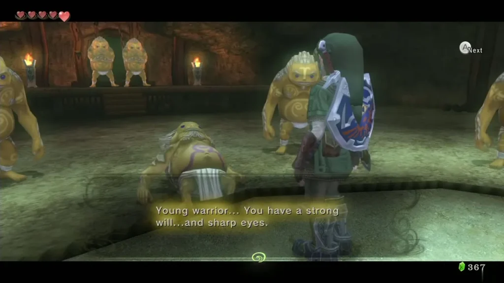 After the sumo bout, a Goron elder tells Link he has a strong will and sharp eyes After the sumo bout, a Goron elder tells Link he has a strong will and sharp eyes