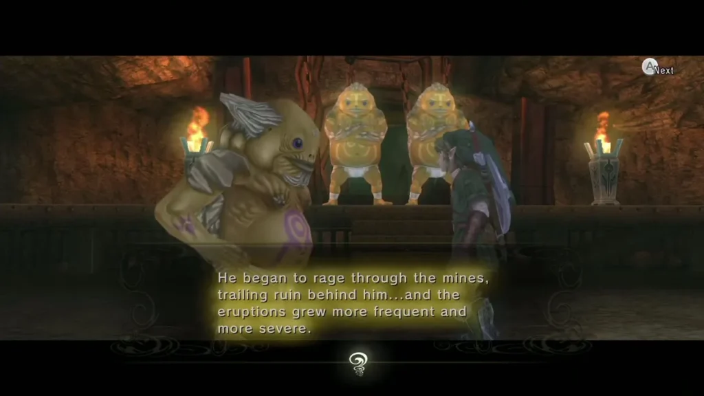 A Goron elder tells Link how the mines rage and the eruptions grew more severe A Goron elder tells Link how the mines rage and the eruptions grew more severe