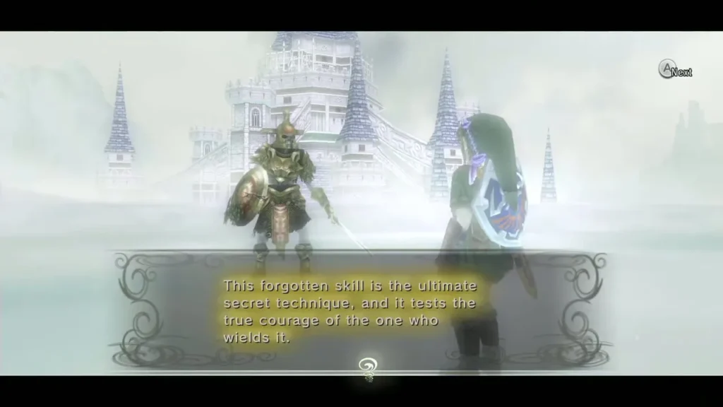 The Hero's spirit in green armor speaking with Link in a misty arena The Hero's spirit in green armor speaking with Link in a misty arena