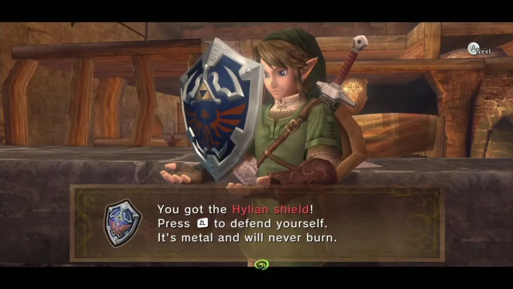 Link holding the Hylian Shield with the item name box shown Link holding the Hylian Shield with the item name box shown