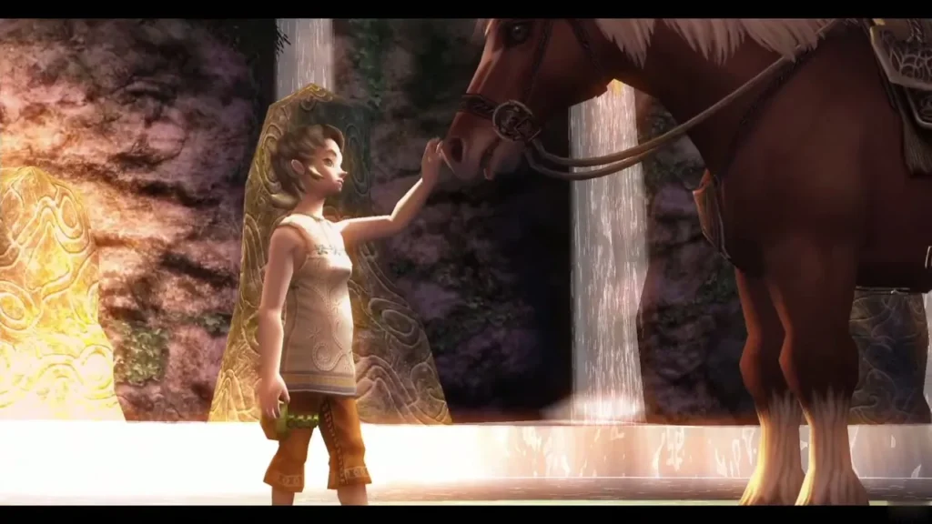 Ilia reaching up to stroke Epona beside the waterfall at Ordon Spring Ilia reaching up to stroke Epona beside the waterfall at Ordon Spring