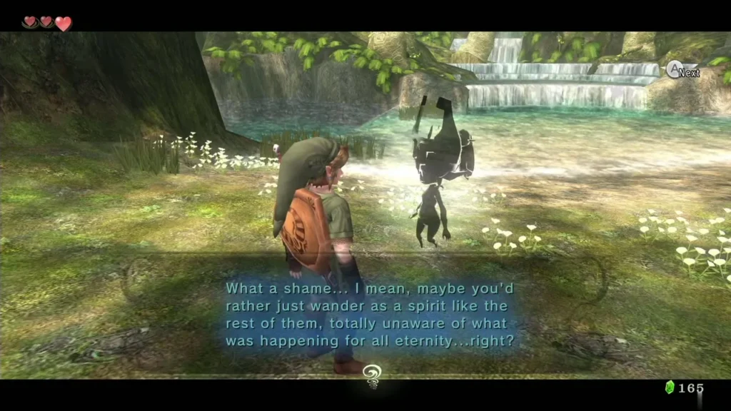 Midna as an imp talking to Link beside the waterfall pond Midna as an imp talking to Link beside the waterfall pond