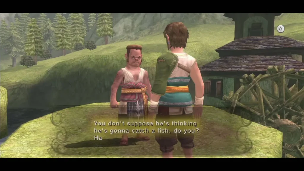 Jaggle on a grassy ledge beside the mill, talking to Link Jaggle on a grassy ledge beside the mill, talking to Link