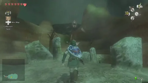 Link walking through the Kakariko Graveyard among the stone markers Link walking through the Kakariko Graveyard among the stone markers