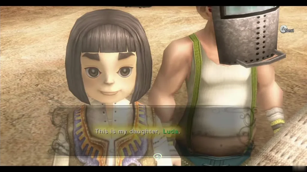 Renado introducing his daughter Luda, a girl with a dark bob, beside Barnes in Kakariko Renado introducing his daughter Luda, a girl with a dark bob, beside Barnes in Kakariko