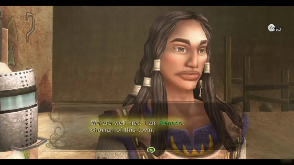Renado the shaman introducing himself to Link in the Kakariko street Renado the shaman introducing himself to Link in the Kakariko street