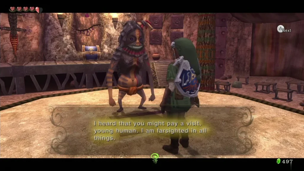 Gor Liggs greeting Link in the Goron Mines with a message box Gor Liggs greeting Link in the Goron Mines with a message box