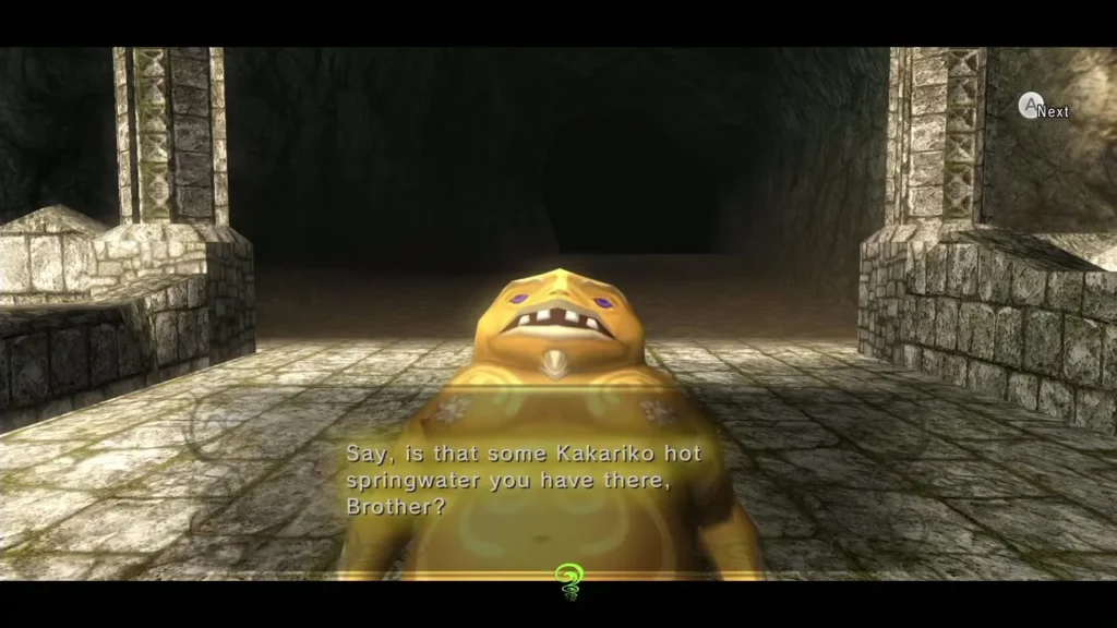 Goron at the Hyrule Field bridge asking Link if he brought Kakariko hot springwater Goron at the Hyrule Field bridge asking Link if he brought Kakariko hot springwater