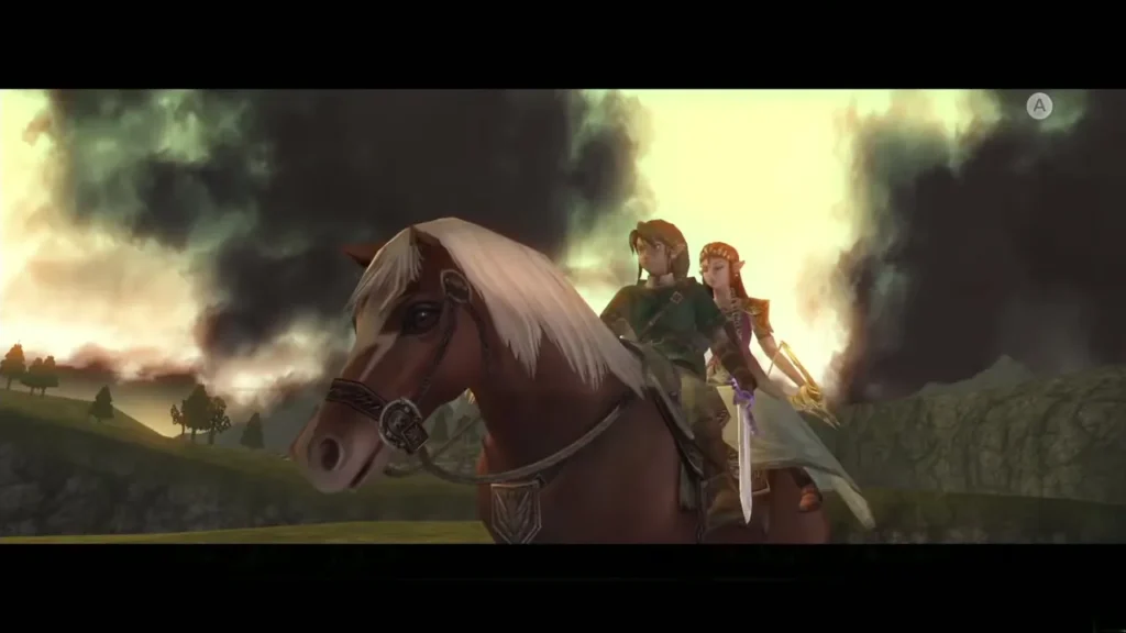 Link and Zelda riding Epona together across Hyrule Field at dusk Link and Zelda riding Epona together across Hyrule Field at dusk