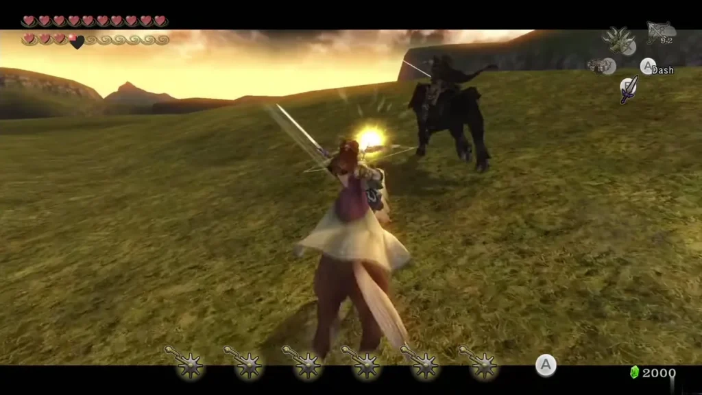 Link riding Epona across Hyrule Field with Ganondorf on a dark horse behind Link riding Epona across Hyrule Field with Ganondorf on a dark horse behind