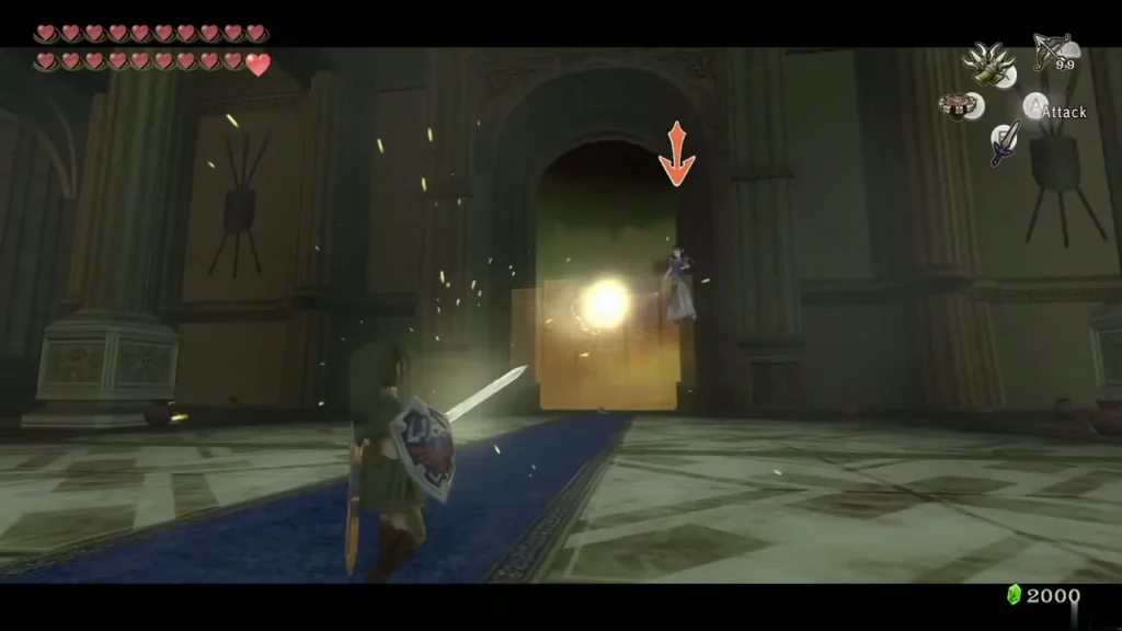 Link slashing at Ganon's possessed Zelda puppet in the throne room Link slashing at Ganon's possessed Zelda puppet in the throne room
