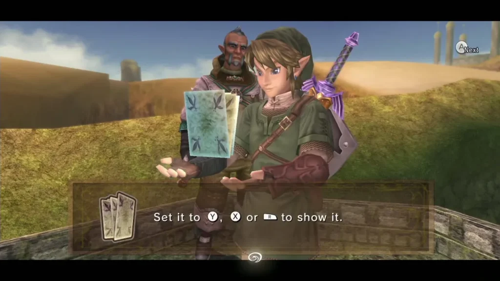 Link holding up Auru's Memo on a desert ridge with Auru standing behind him Link holding up Auru's Memo on a desert ridge with Auru standing behind him