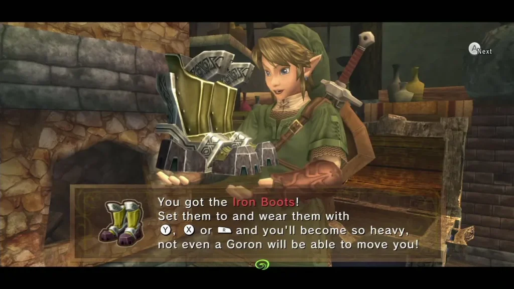 Link holding up the Iron Boots with the complete item message Link holding up the Iron Boots with the complete item message