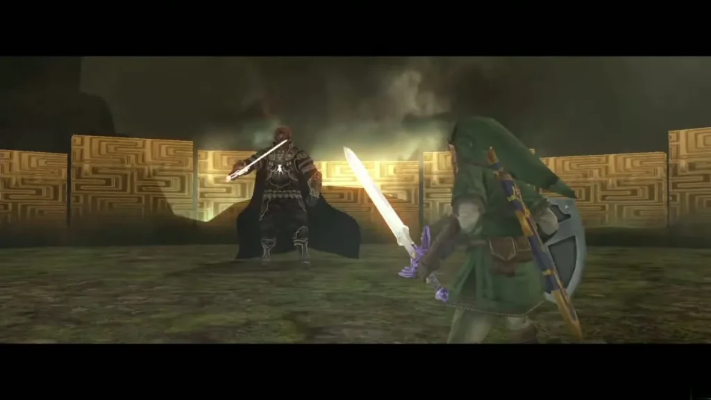 Link holding the Master Sword against Ganondorf in a golden-walled arena Link holding the Master Sword against Ganondorf in a golden-walled arena