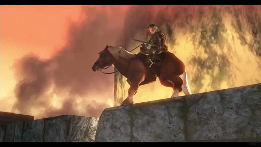 Link riding Epona along the Bridge of Eldin, sword in hand Link riding Epona along the Bridge of Eldin, sword in hand