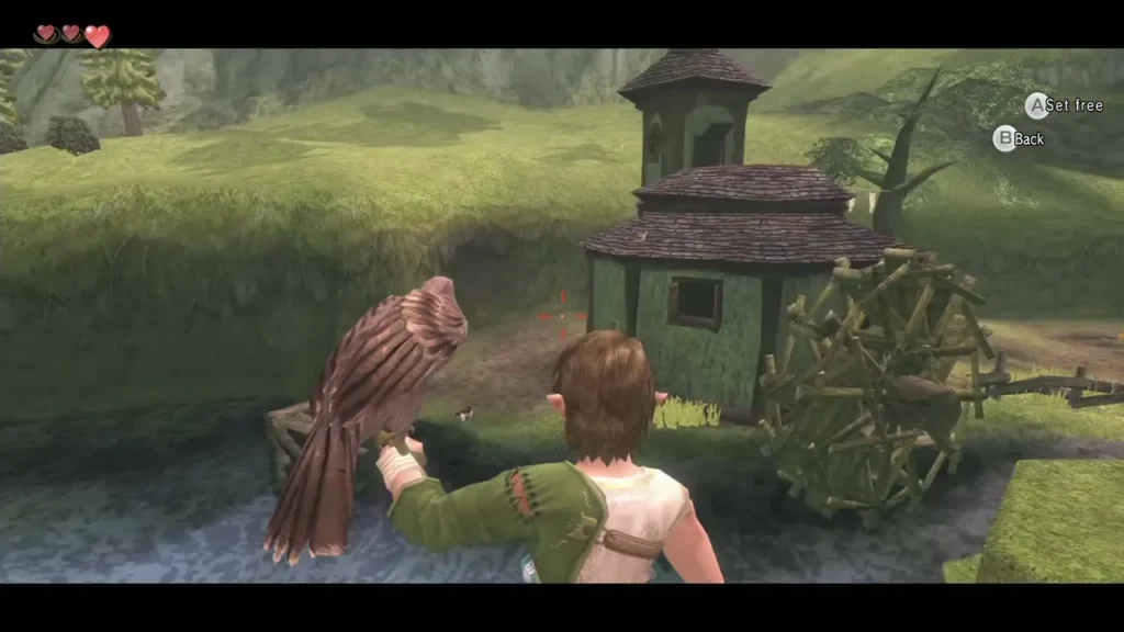 Link holding the hawk out beside a green mill near Ordon Link holding the hawk out beside a green mill near Ordon