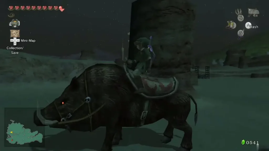 Link riding a Bullbo across a dark, snowy field in twilight Link riding a Bullbo across a dark, snowy field in twilight