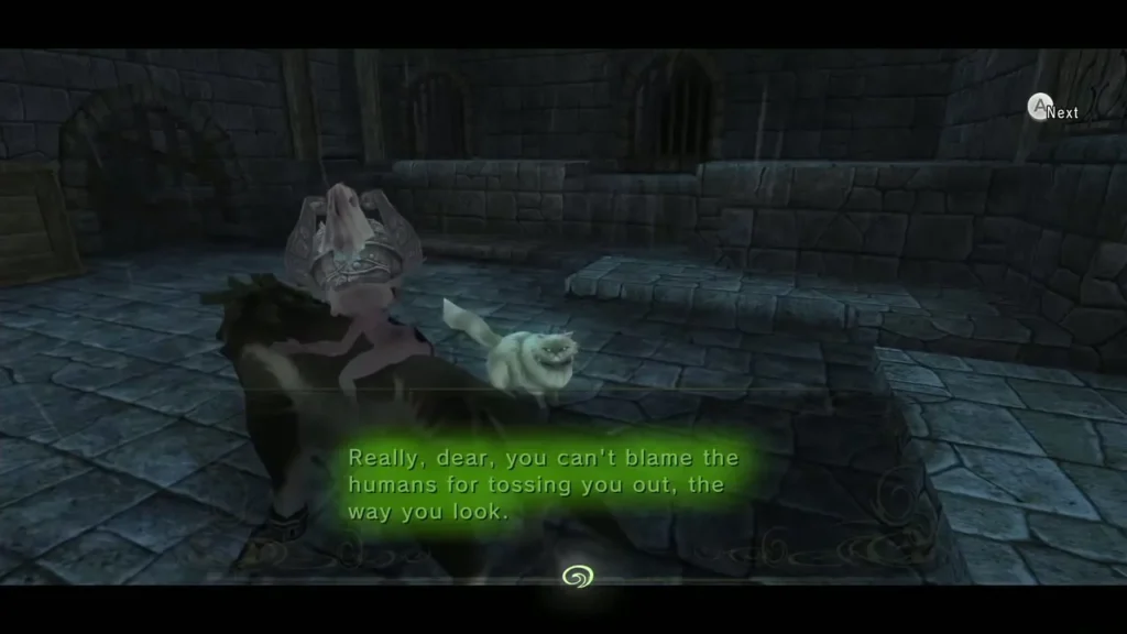 Louise the white cat speaking to Wolf Link in a stone hall Louise the white cat speaking to Wolf Link in a stone hall