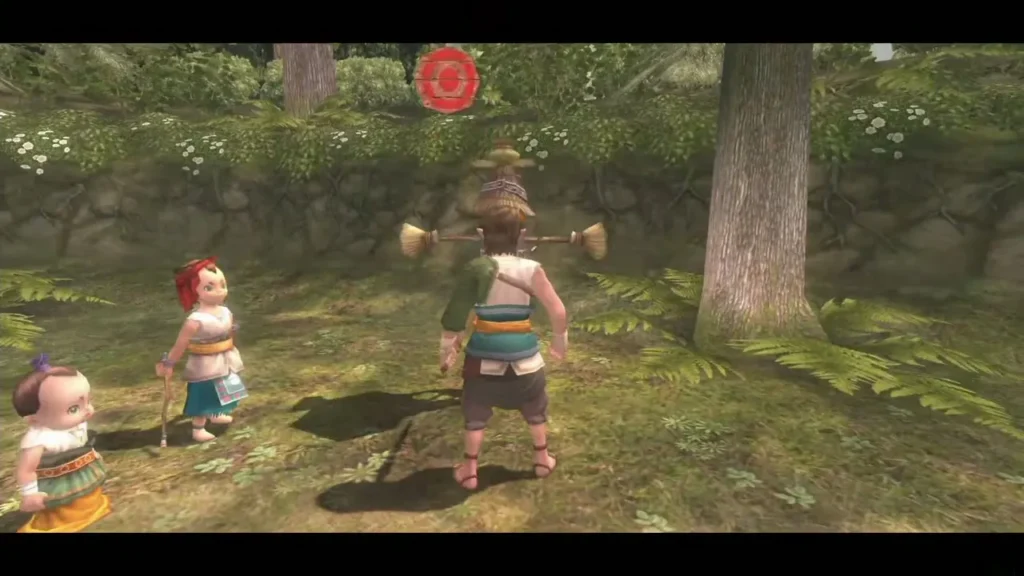 Malo and Talo standing beside Link in a forest clearing Malo and Talo standing beside Link in a forest clearing