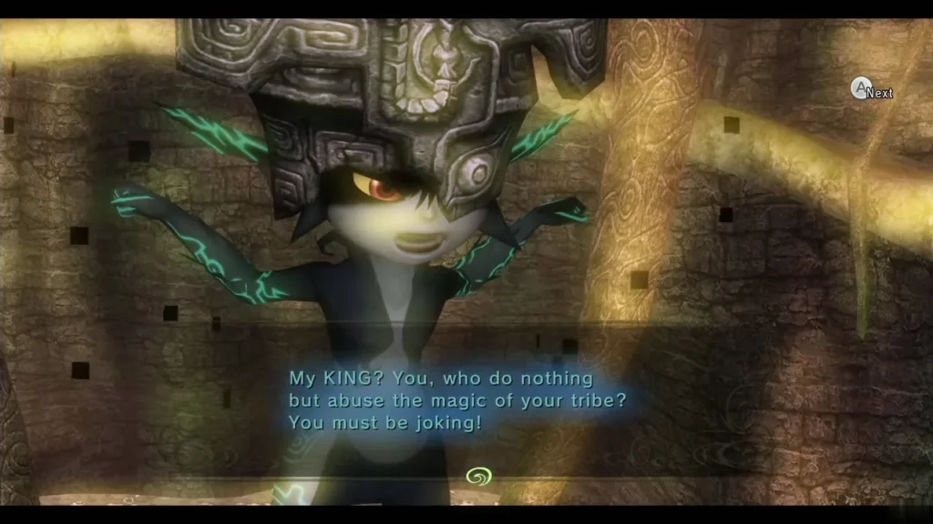 Midna with arms spread and a defiant glare, speaking back in the Twilight Midna with arms spread and a defiant glare, speaking back in the Twilight