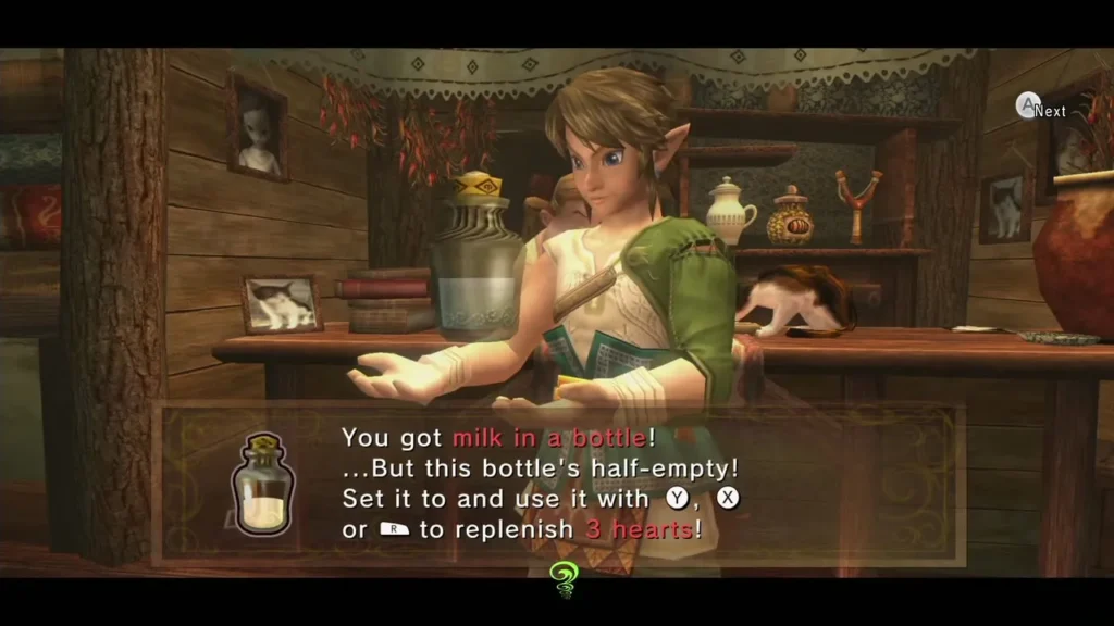 Link holding up the bottle of milk with its item message shown Link holding up the bottle of milk with its item message shown