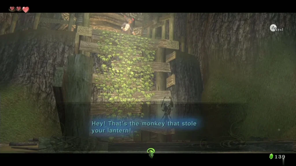 A monkey hides in vines on a wooden scaffold as the message says it stole the lantern A monkey hides in vines on a wooden scaffold as the message says it stole the lantern