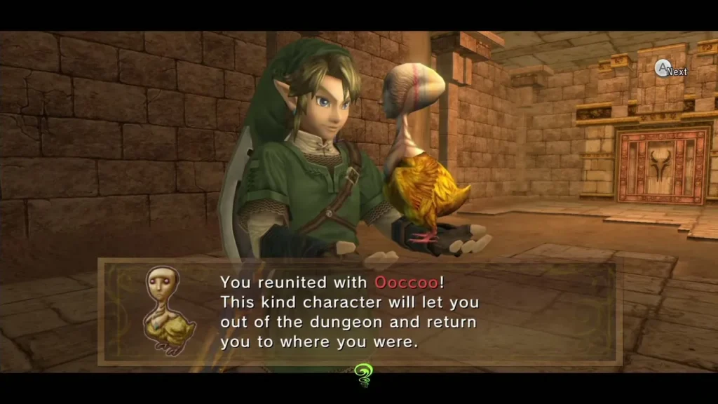 Link reunited with Ooccoo in a dungeon, with the escape message Link reunited with Ooccoo in a dungeon, with the escape message