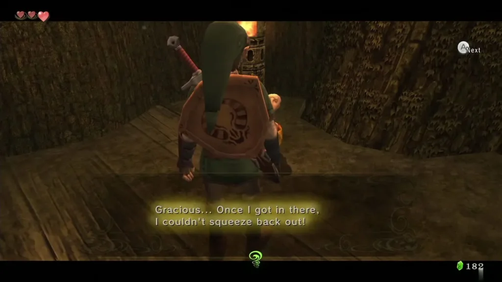 Link in a dungeon room while Ooccoo explains she could not squeeze out Link in a dungeon room while Ooccoo explains she could not squeeze out
