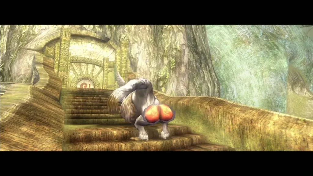 Ook, the monkey chief, crouches on temple steps holding a pair of red Bomblings Ook, the monkey chief, crouches on temple steps holding a pair of red Bomblings