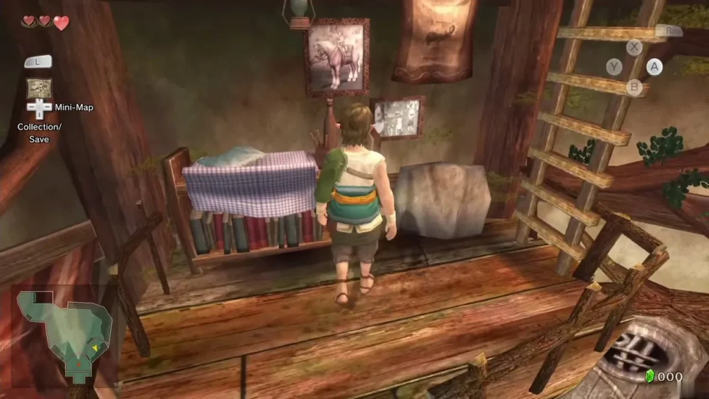 Link standing by the bookshelf in his Ordon Village house Link standing by the bookshelf in his Ordon Village house