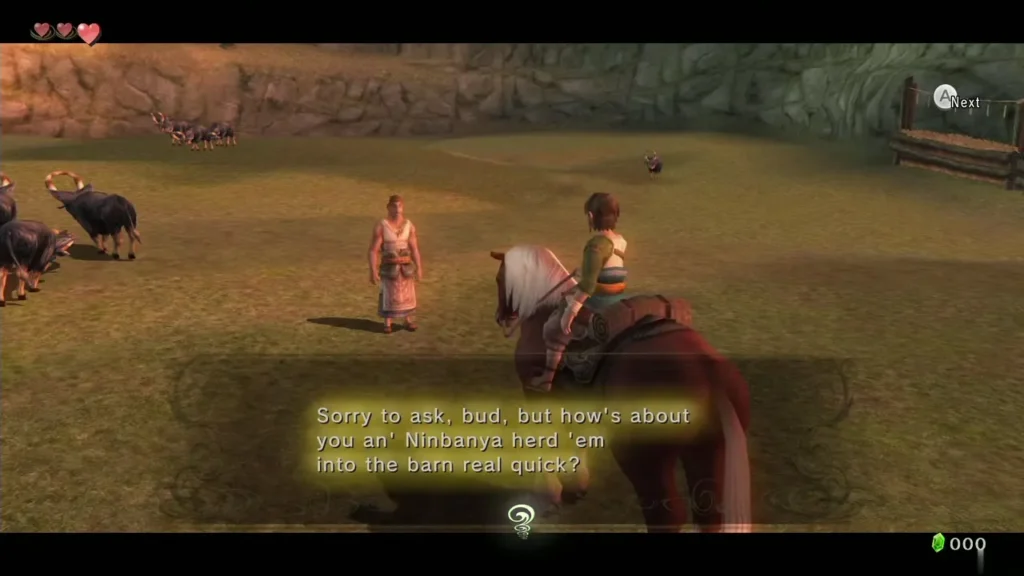 Fado speaks to Link riding Epona at Ordon Ranch about herding goats into the barn Fado speaks to Link riding Epona at Ordon Ranch about herding goats into the barn