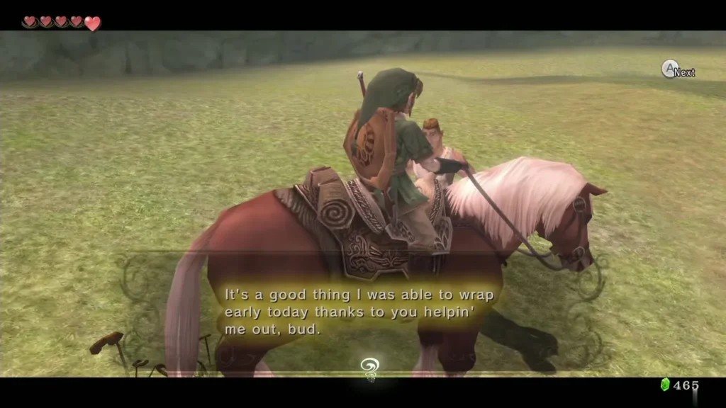 Fado thanks Link for helping him wrap up early while Link rides Epona Fado thanks Link for helping him wrap up early while Link rides Epona