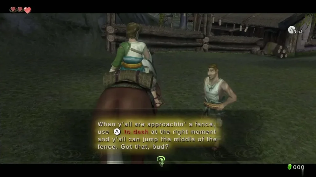 Fado tells Link to dash at the right moment to jump the middle of a fence Fado tells Link to dash at the right moment to jump the middle of a fence