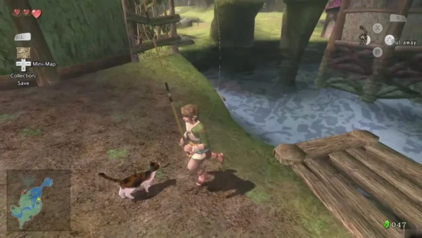 Link fishing at the riverbank as the cat wanders near the wooden dock Link fishing at the riverbank as the cat wanders near the wooden dock