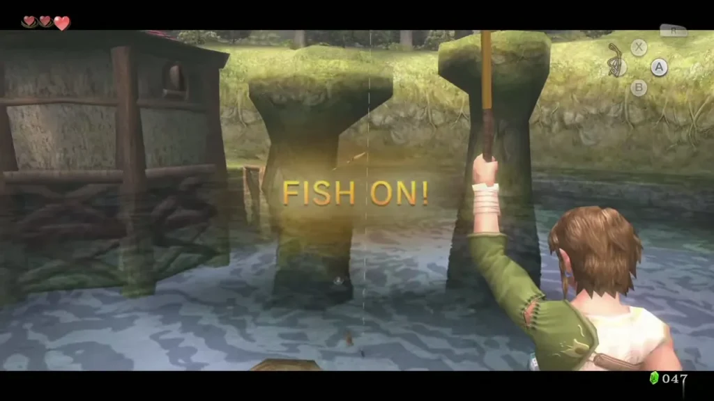 Link hooks a fish from the riverbank in Ordon Village Link hooks a fish from the riverbank in Ordon Village