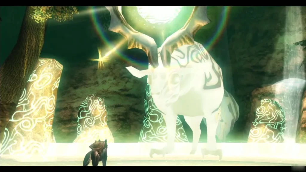 Ordona, a glowing white light spirit, appearing over Ordon Spring with Wolf Link below Ordona, a glowing white light spirit, appearing over Ordon Spring with Wolf Link below