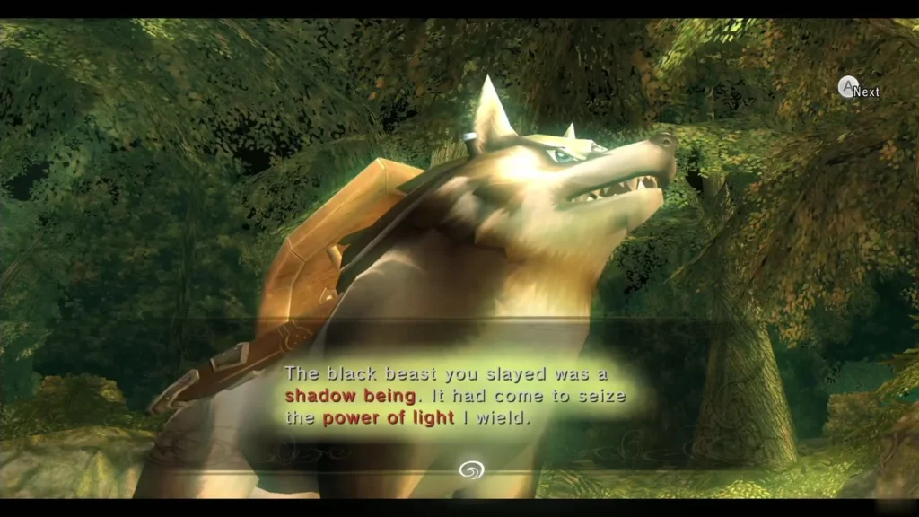 A wolf in a green forest glade beneath a dialogue box about the power of light A wolf in a green forest glade beneath a dialogue box about the power of light