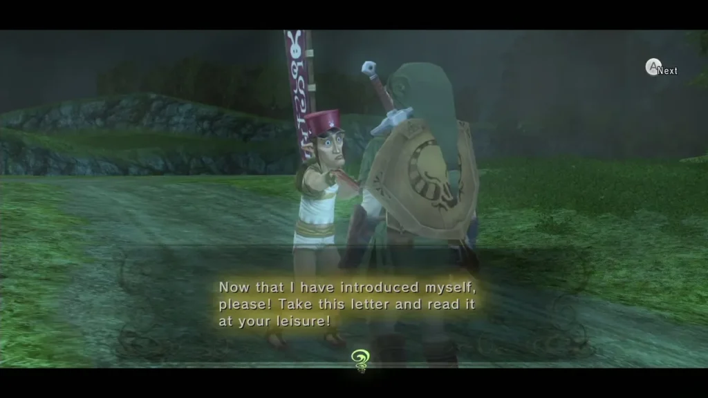 Postman raising a letter in a green field as he hands it to Link Postman raising a letter in a green field as he hands it to Link