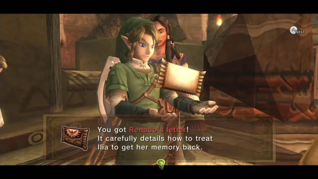 Link holds up Renado's letter, which explains how to treat Illia Link holds up Renado's letter, which explains how to treat Illia